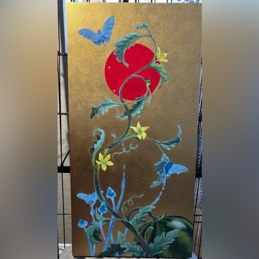ORIGINAL Butterfly's Painting Surrealist Watermelon Mushroom Art Gold Accent EAE - Picture 3 of 9